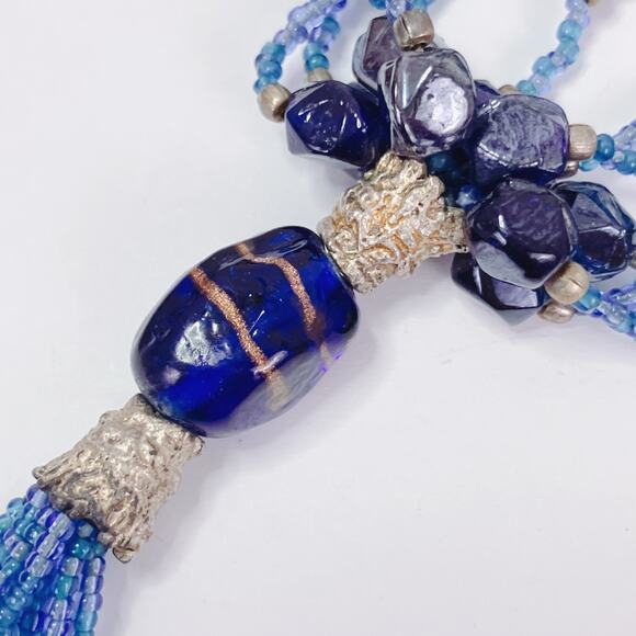 Vintage Glass Bead Tassel Necklace Blue Multi Strand Bohemian Artisan Jewelry - Picture 3 of 13